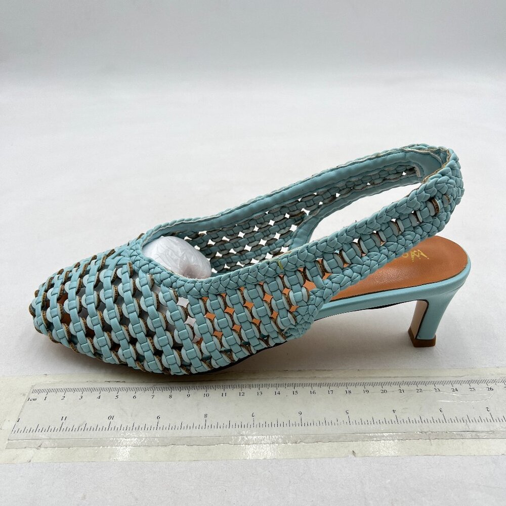Wo Wagas Blue Slingback Strap Square Toe Pumps Slip On Kitten Heel Woven Sandals - Picture 2 of 8